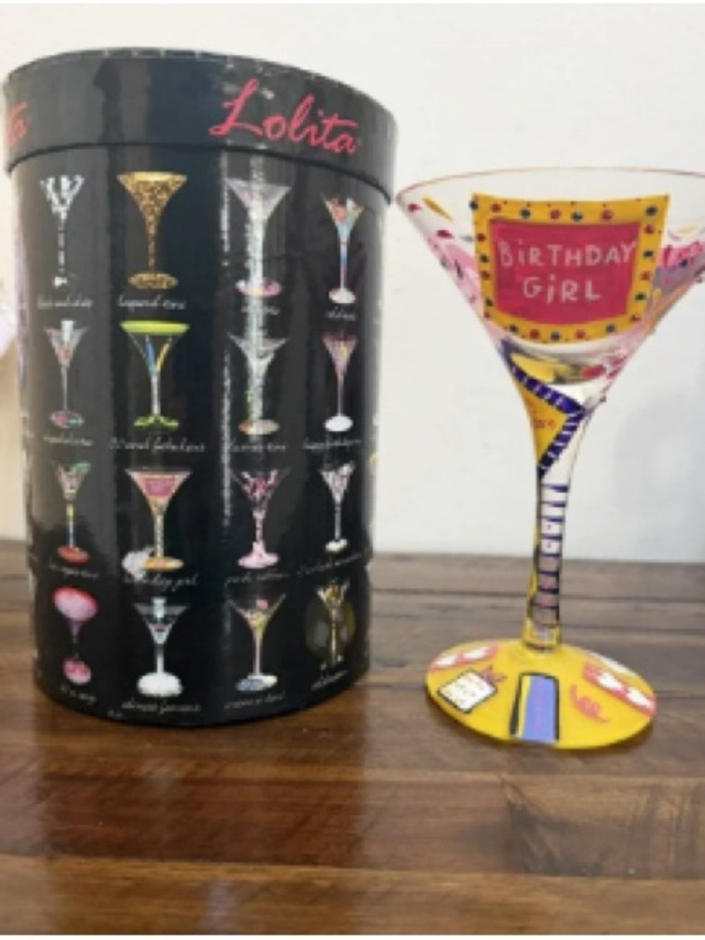 Lolita Yellow & Pink 'Birthday Girl' Hand-Painted Martini Glass